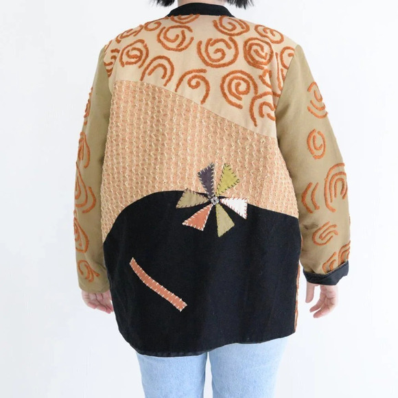Vintage 90's Allure Tan & Black 100% Cotton Patchwork Brocade Button Up Jacket M - Picture 3 of 14